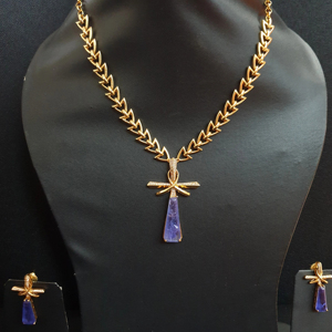 Ensemble de bijoux plaqué or bleu fait à la main collier pendentif et boucles d'oreilles ensemble de bijoux de chaîne de pierres précieuses bleues de haute qualité pour les femmes - Product Image 1