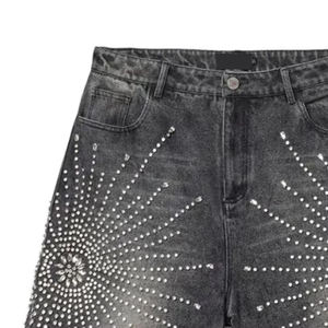 Fabricante de mezclilla Streetwear Custom Vintage Wash Shorts Hombres Jeans Shorts con diamantes de imitación Pantalones cortos de mezclilla - Product Image 3