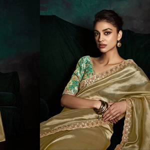 Sari en soie Georgette de créateur, doux, effet froissé, bordure brodée, style moderne et traditionnel, pour mariages et fêtes, haute qualité - Product Image 1