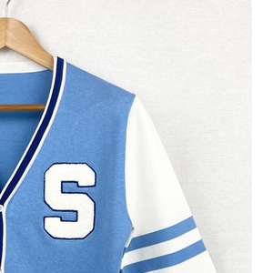 University Women's V Neck <b>Cardigan</b> <b>Sweater</b> Casual Blue White Arm Color Winter Knitted <b>Sweater</b> with Front Logo Button Decoration - Product Image 4