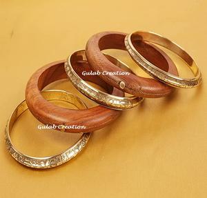Handcrafted Brass and <b>Wood</b> <b>Bangle</b> Set with Natural Finish for Ethnic, Boho, and Contemporary Fashion Jewelry - Product Image 3