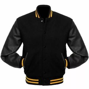 Veste universitaire personnalisée pour homme avec col montant, poche à bouton pression, manches en cuir et logo frontal - Product Image 1