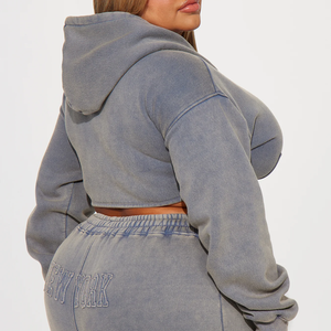 Sweat à capuche d'automne pour femmes col roulé ensemble de vêtements de sport délavés motif de lettres survêtements grande taille Logo personnalisé ensemble de 2 pièces - Product Image 5