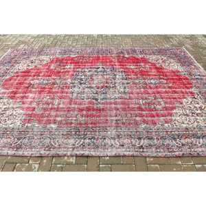 Turkish Large Rug 7.1x9.8 ft, <b>Red</b> Blue Striped Rug <b>Wool</b> - Product Image 3