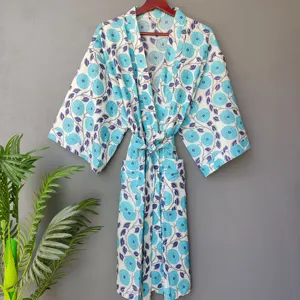 Turquoise Flower White Cotton Hand Block Printed Floral Women Robe Hand Made Light Weight Night Wear Beautiful Kimono
