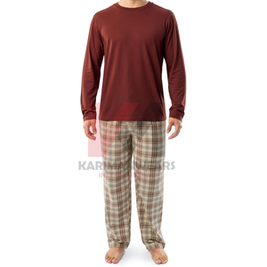 Ensemble de pyjama en coton pour homme, col en V, ensemble de vêtements de détente, poche, doux, respirant, vêtements de nuit, haut à manches courtes, pantalon long, vêtements de détente - Product Image 1