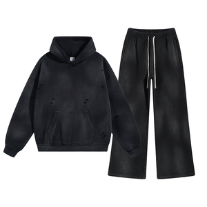 Alta calidad de moda Vintage desgastado lavado ácido 360GSM polar algodón atlético de gran tamaño sudaderas con capucha y pantalones de chándal conjunto de mallas - Product Image 3