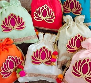 Handmade Festive Potli Bags with Lotus Embellishment Ethnic Wedding & Gift Packaging Pouches Dry Fruit Nuts Bags - Product Image 1