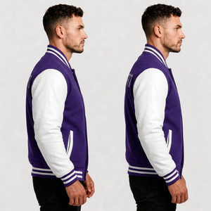 Custom Unisex <b>Purple</b> White <b>Varsity</b> <b>Jacket</b> Preppy Style Wool Cotton Regular Fit Stand Collar Breathable Eco-Friendly Winter - Product Image 6
