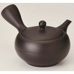 Tetera Kyusu de 370cc, Negra, Plana y Redonda, Hecha a Mano con Arcilla/Cerámica Shudei, Horno Tosei (Vajilla Tokoname) para Té Negro - Product Image 1