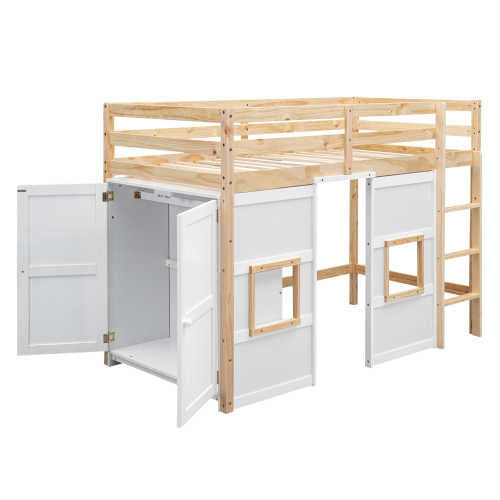 Loft Bed with Built-in Storage Wardrobe and 2 Windows, White, Modern Wooden Bedroom Set From Vietnam Good Price for Importers