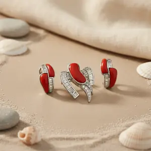 Juego de Joyería de Coral Plateado, Clásico, de Plata de Ley Platino, Aretes y Colgante con Cristal Amatista Geométrico para Bodas, Fiestas y Regalos - Product Image 2