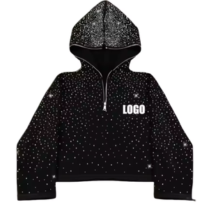 Meilleure qualité tissu à demande personnalisée 550Gsm hommes français éponge partout impression strass Boxy culture visage complet demi fermeture éclair à capuche hommes - Product Image 2