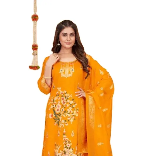 En kaliteli 2023 Banarasi ipek güzel hint baskılı hint tasarımcı Shalwar kadınlar için Suit