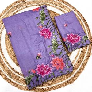 Sari en tissu de mousse pure VASTRA COTTAGE, broderie florale de qualité supérieure et bordure en travail de découpe avec blouse pour mariage, fête festive - Product Image 5