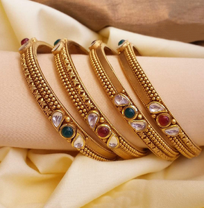 <b>Antique</b> brass <b>bangles</b> with a beautiful filigree lattice design and a central flower motif with clear stones, at wholesale prices - Product Image 3