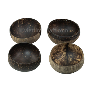 Juego de 4 ensaladeras, tazón de cáscara de coco grabado artesanal al por mayor, tazón de cáscara de coco hecho a mano hecho en Vietnam - Product Image 1