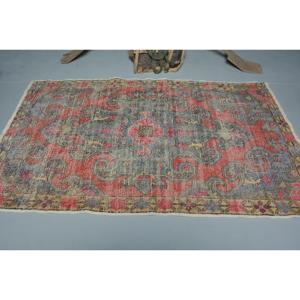 4.3x7.2 ft Vintage Area Rug, <b>Red</b> Gray Turkish Solid <b>Wool</b> Rug - Product Image 3