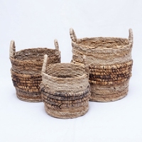 Ensemble de paniers de rangement en écorce de bananier naturelle, multicolore, à plusieurs niveaux, avec poignée en anneau horizontal, jardinière cylindrique, décoration artistique pour la maison