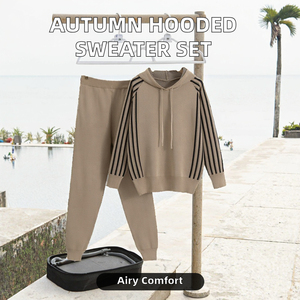 Conjunto de Pantalones de Cintura Alta y Sudadera con Capucha, Ropa de Punto Transpirable con Diseño a Rayas, Estilo Casual de Otoño, Conjunto de Dos Piezas - Product Image 4