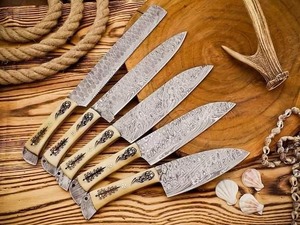 High Quality Damascus Steel Chef <b>Knife</b> Set 5-Pcs Full Tang Design <b>Leather</b> <b>Roll</b> Kit for Paring Peeling Kitchen Use. - Product Image 4