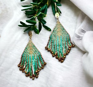Luxury Quality <b>Emerald</b> Green Beaded Tassel Earrings Gatsby Green and Gold Ombre Fringe Beaded Earrings (Miyuki Seed Beads) - Product Image 1