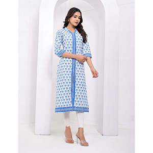 Cotton <b>Block</b> <b>Printed</b> White Blue Pakistani Dress for Girls Ethnic Indian Kurti with Salwar Kameez Daily & Party Wear - Product Image 4