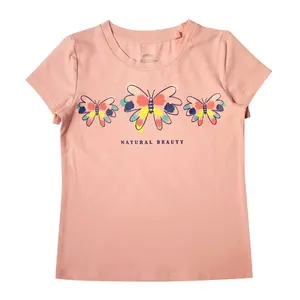Camiseta de moda para niñas, ropa para niños, precio asequible, 100% algodón, cuello redondo rosa - Product Image 1