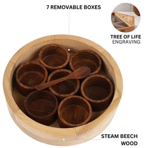 Boîte à épices arbre de vie en bois de hêtre et de sheesham Masala Dani pour 7 récipients à épices conteneur à épices avec cuillère boîte à masala en bois - Product Image 3
