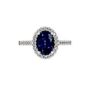 Anillo de Compromiso de Oro Sólido de 14k para Mujer con Detalles de Diamantes Cultivados en Laboratorio con Certificación IGI y Halo de Zafiro Sintético Ovalado, Joyería Fina - Product Image 3