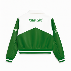 Chaqueta de Cuero PU Iota Phi Lambda Lista para Enviar, Chaqueta Bomber de Cuero de Alta Calidad, Chaqueta Deportiva Estilo Universitario - Product Image 4