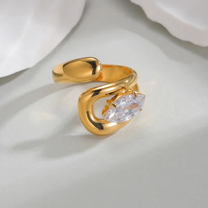 Joyería al por mayor estilo clásico geométrico ovalado 304 Acero inoxidable circón 18K chapado en oro incrustaciones anillos abiertos - Product Image 1