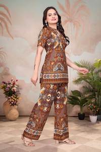 Ensemble Kurta Palazzo de fête à imprimé floral multicolore tendance, Kurti court à manches trois quarts, protection solaire, séchage rapide, tout - Product Image 4