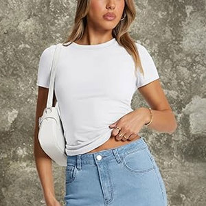 Tops de manga corta para mujer, camisetas de verano, Camiseta básica de moda informal con cuello redondo - Product Image 2