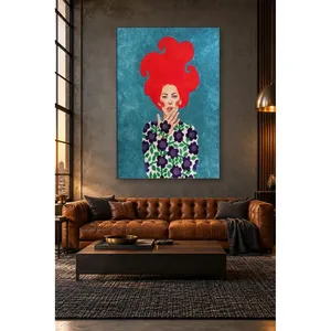 Fida, femme aux cheveux roux, couvrant sa bouche avec sa main sur un fond turquoise, impression sur toile - Product Image 1