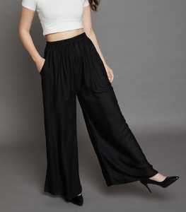 Pantalon Palazzo en rayonne décontracté pour femme avec taille élastique taille moyenne pleine longueur-respirant imprimé d'été teint uni - Product Image 1