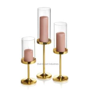 Bougeoir pilier ouragans en métal doré avec cheminée en verre pour événement de mariage et décoration de table pour la maison - Product Image 3