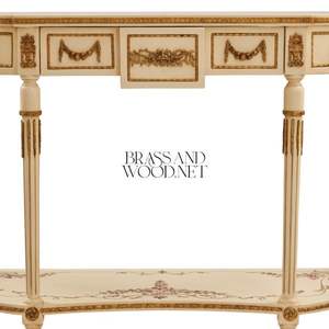 Luxury Handcrafted Ivory & <b>Gold</b> Console <b>Table</b> with Brass Ornaments and Painted Floral Details in Classic European Style - Product Image 3