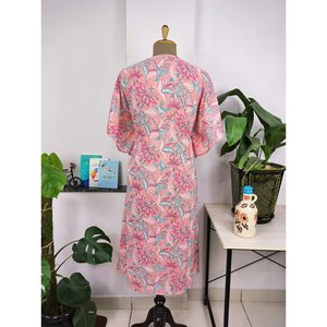 Boho Style <b>Kaftan</b> Dress Indian Handprinted Salmon Pink Floral Blossom Breathable Lightweight Cotton Swimsuit Cover Ups - Product Image 3