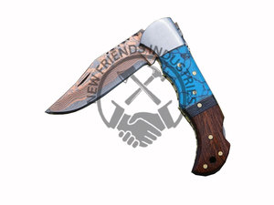 มีดพับทำด้วยมือด้ามไม้เทอร์ควอยซ์มีดพกทองแดงดามัสกัสสำหรับตั้งแคมป์กลางแจ้งมีดล่าสัตว์ - Product Image 3