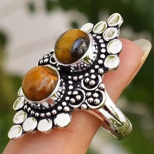 925 Silver Gothic Boho Statement <b>Ring</b> with <b>Tiger</b> <b>Eye</b> & Agate Gemstone Handmade Custom Size <b>Ring</b> for Wedding or Party - Product Image 3