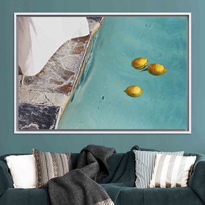 Elegant Boho Lemons Swimming Pool Printed Canvas Art for Living Room,WHITE <b>FRAMED</b> CANVAS - Product Image 1