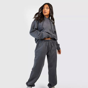 Survêtement vintage pour femmes personnalisé, survêtements en coton vierge, jogging délavé à l'acide, ensembles de sweats à capuche courts pour femmes - Product Image 1