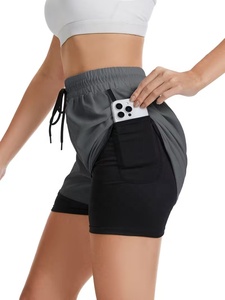 Shorts de sport pour femme à cordon de serrage, tissage superposé, séchage rapide, couleur unie, taille mi-haute, coupe élastique - Product Image 4