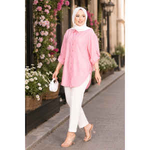 Blusa a Rayas de Algodón Popelín Rosa con Botones, Estilo Vintage, Moda Diaria, Estilo Simple, Corte Holgado, Talla XL, para Primavera y Otoño - Product Image 1