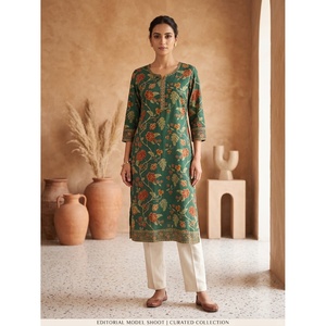 Kurta en coton brodé vert Rama pour femme, imprimé à la main, séchage rapide, style ethnique indien pakistanais, décontracté, été, quotidien - Product Image 1