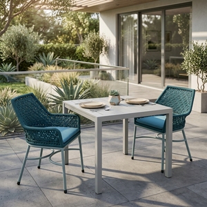 Teal Outdoor <b>Dining</b> <b>Armchair</b> White Aluminium Frame Synthetic Ropes Blue Cushion Patio Setup Art Design Decor - Product Image 4