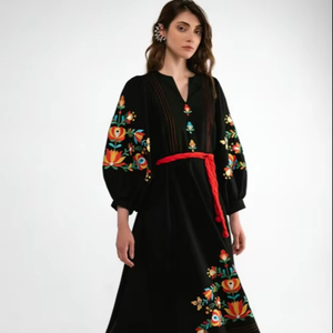 Floral Embroidered Designer <b>Balloon</b> Long Sleeve V-Neck High Fashion Floor Length Festive Ukrainian Dress Wholesale Embroidered - Product Image 1