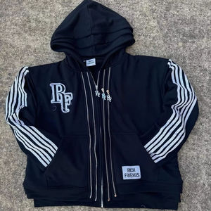 Sweat-shirt à capuche zippé personnalisé pour homme 2026, coupe oversize, ourlet brut, effet vieilli, broderie, en molleton de coton, avec bandes latérales - Product Image 1