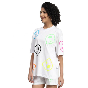 T-shirt décontracté en satin à col rond pour femme, manches courtes, ample, avec logo personnalisé brodé, tendance, écologique - Product Image 1